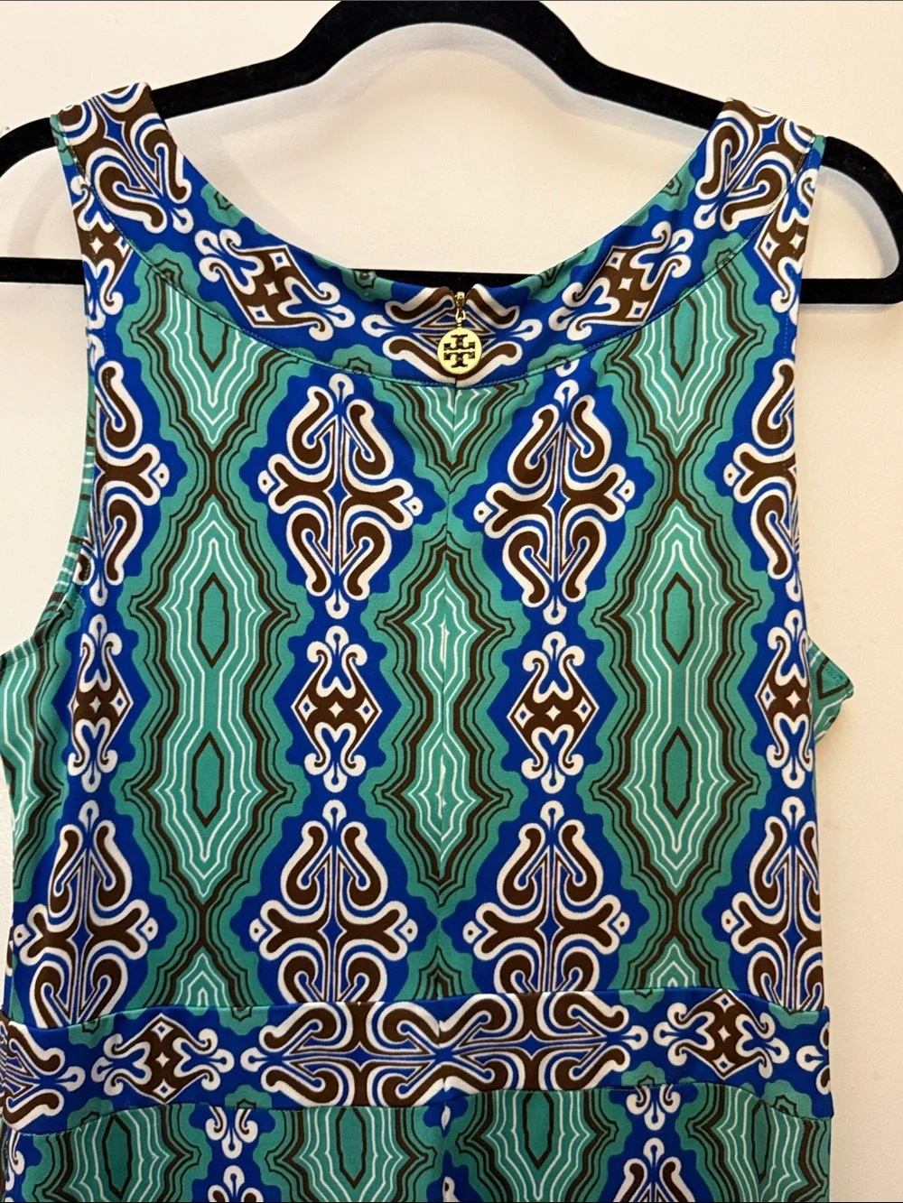 Tory Burch Teal, Blue & Brown Geometric Print Dress